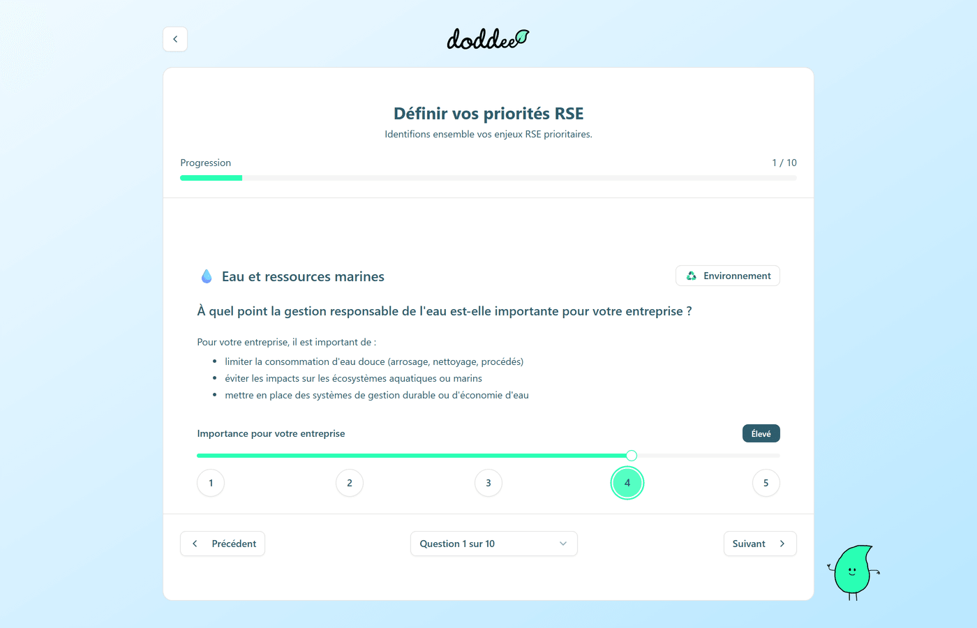 Une question d'évaluation, avec son curseur d'importance et les boutons 1 à 5.