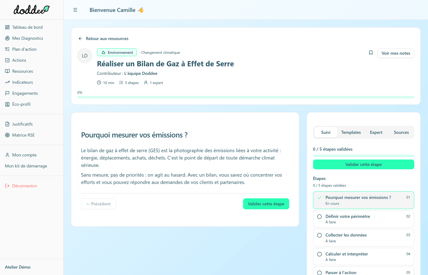 Le détail d'une ressource : les étapes à gauche, le panneau d'accompagnement à droite.