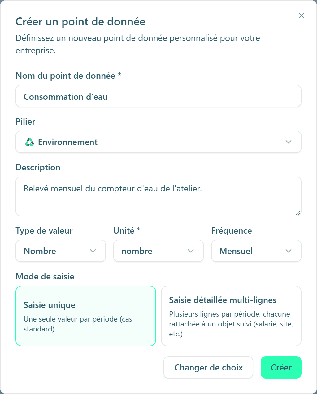 La fenêtre Créer un point de donnée, avec tous ses champs.