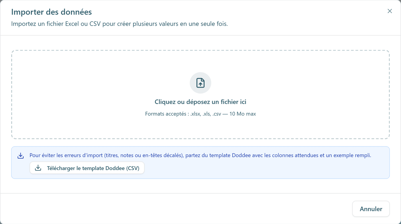 Le dépôt du fichier à importer, avec le template Doddee à télécharger.