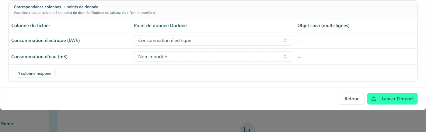Le tableau de correspondance : une colonne associée à un point de donnée, une autre marquée Non importée.