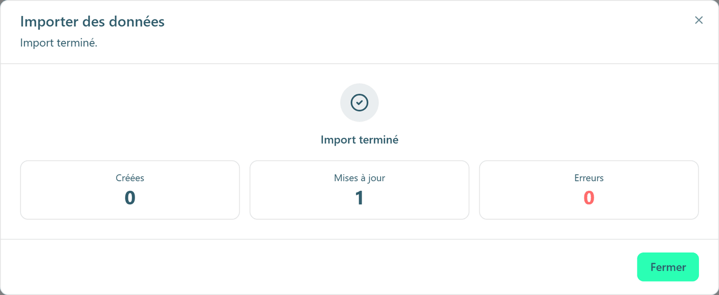L'écran Import terminé et ses compteurs.