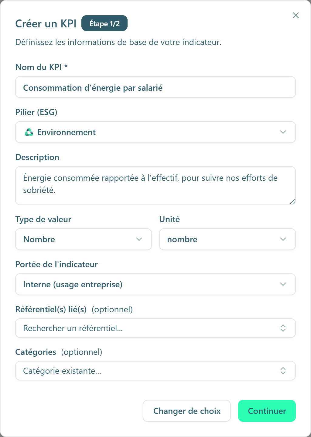 La première étape de l'assistant Créer un KPI, avec tous ses champs.