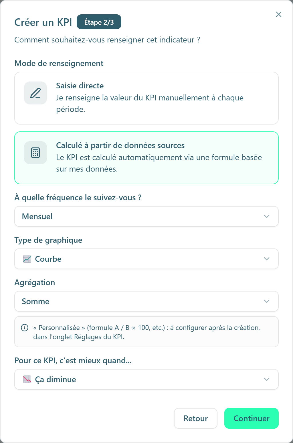 La deuxième étape : le mode de renseignement et le type de graphique.