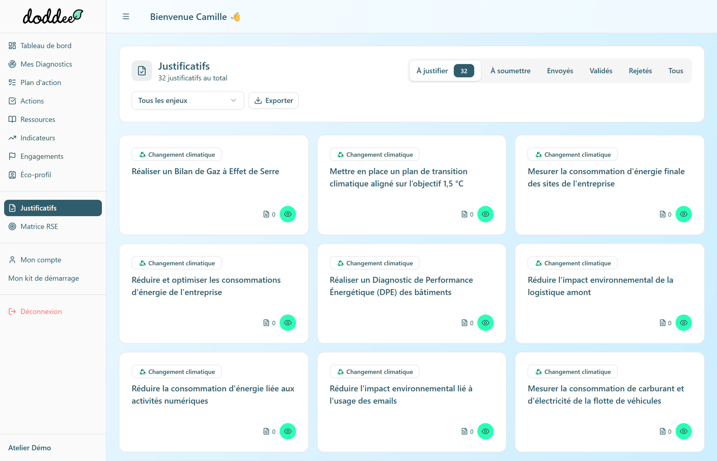 La page Justificatifs : les onglets de statut et la liste des documents.
