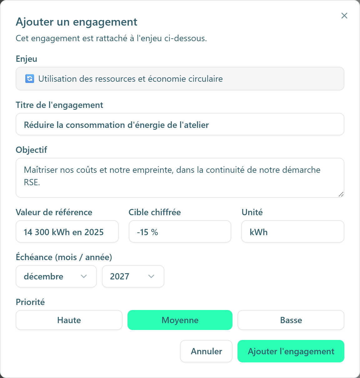La fenêtre Ajouter un engagement, avec tous ses champs.