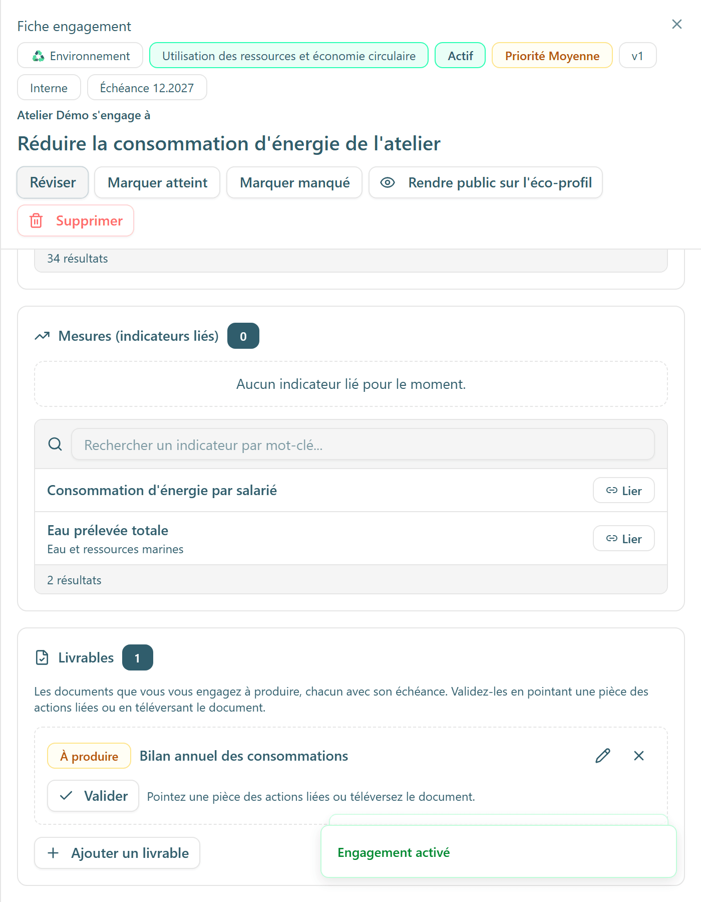 La fiche d'un engagement : les blocs Mesures, Moyens et Livrables.