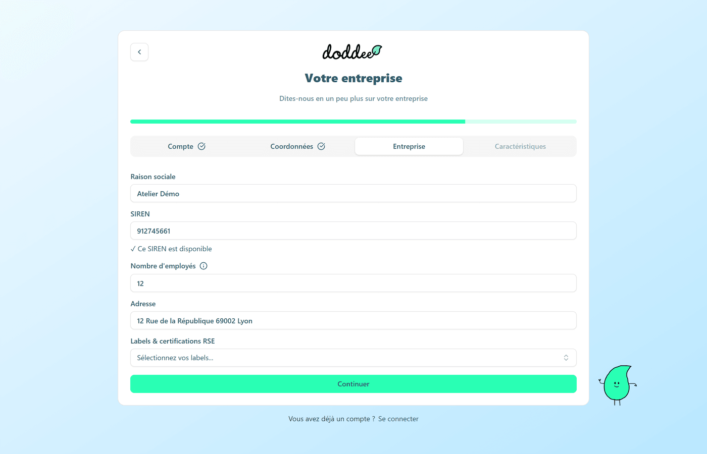 L'étape Entreprise du formulaire d'inscription, avec tous ses champs.