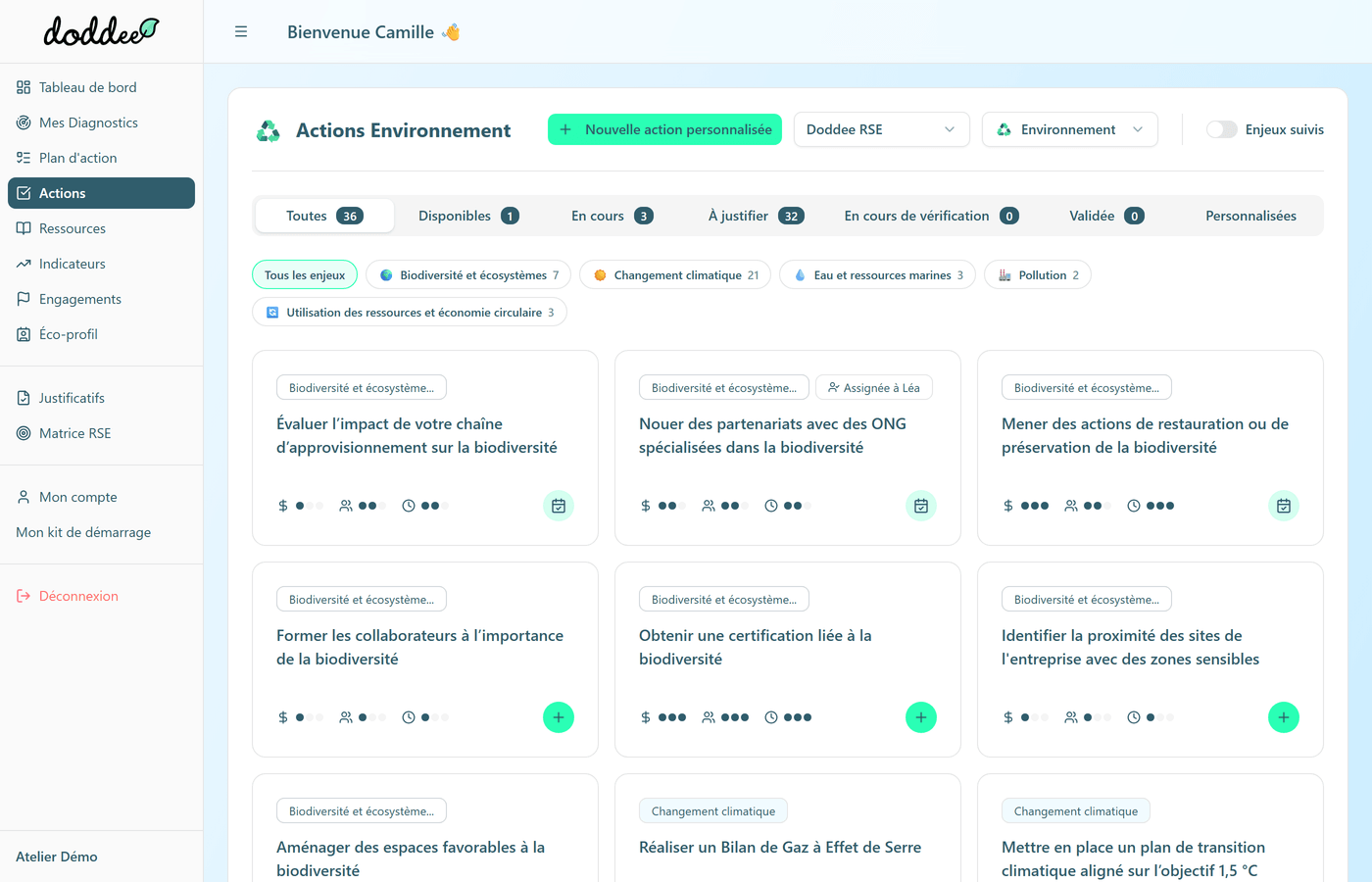 La page Mes actions, avec sa barre de filtres et sa grille d'actions.