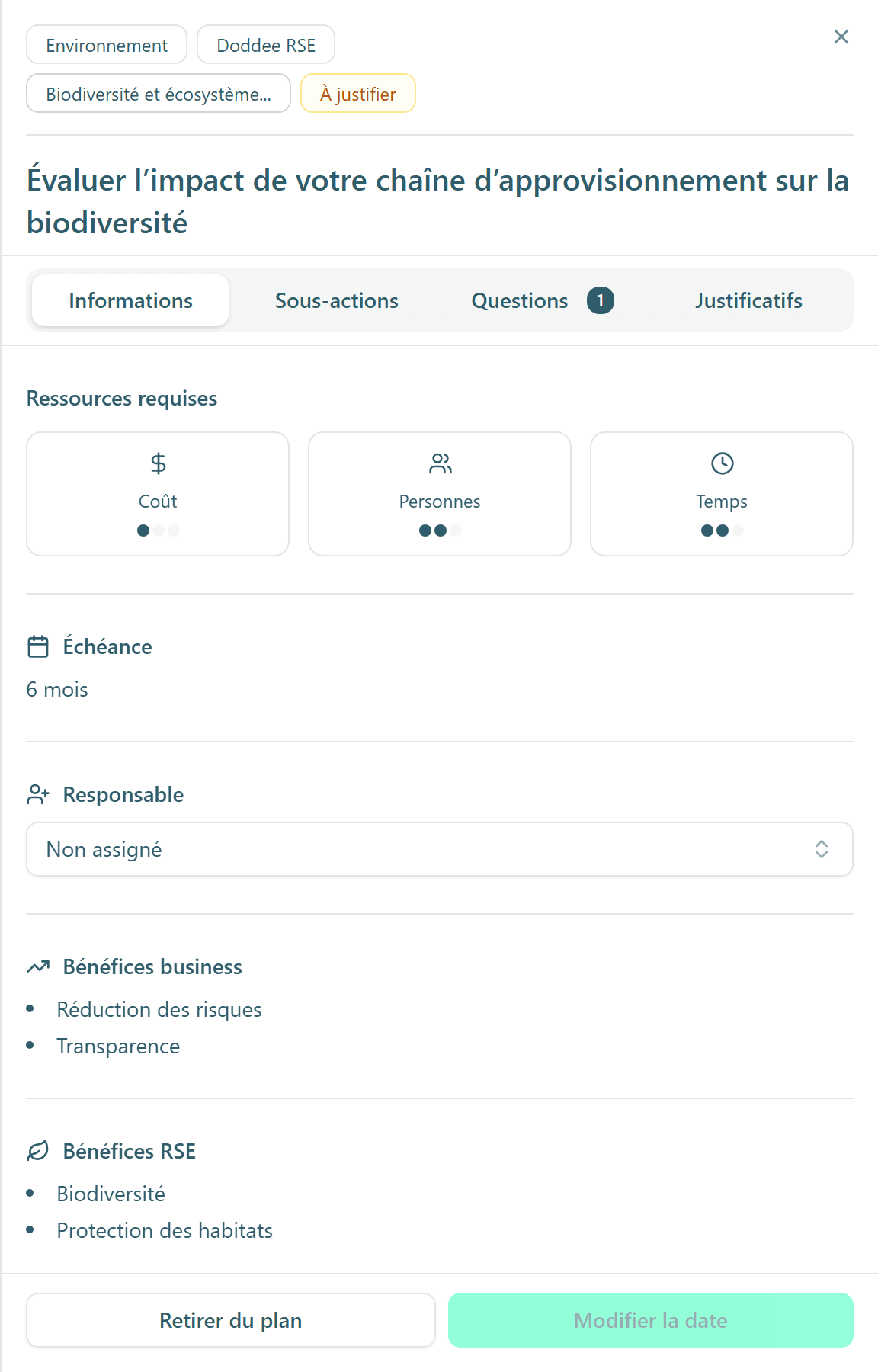 Le panneau d'une action, ouvert sur l'onglet Informations.