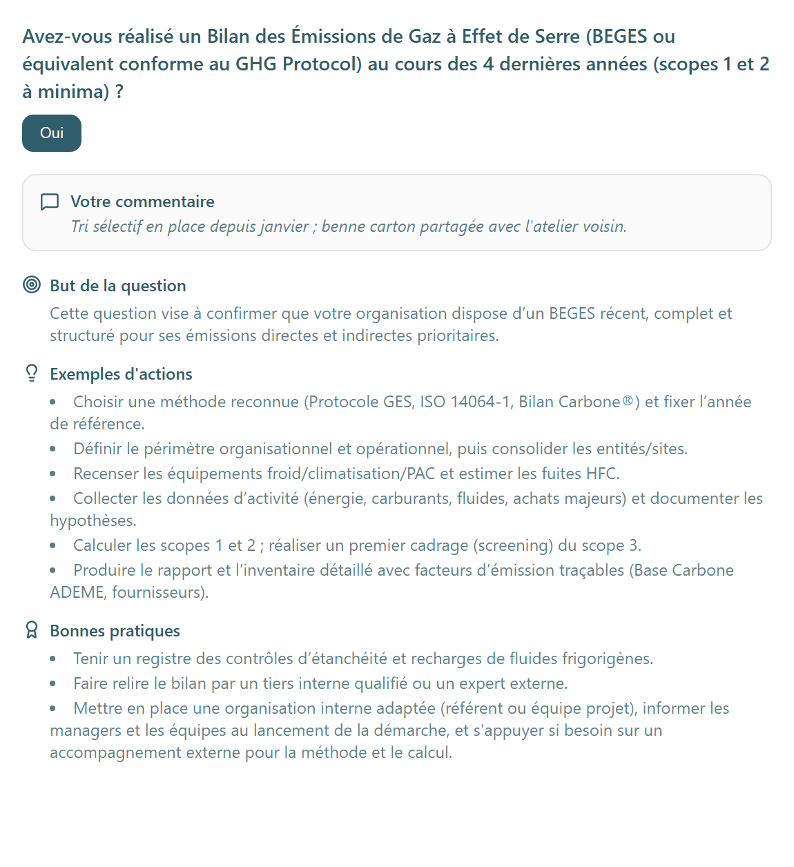 L'onglet Questions : la question du diagnostic liée à l'action, avec le commentaire écrit en répondant.