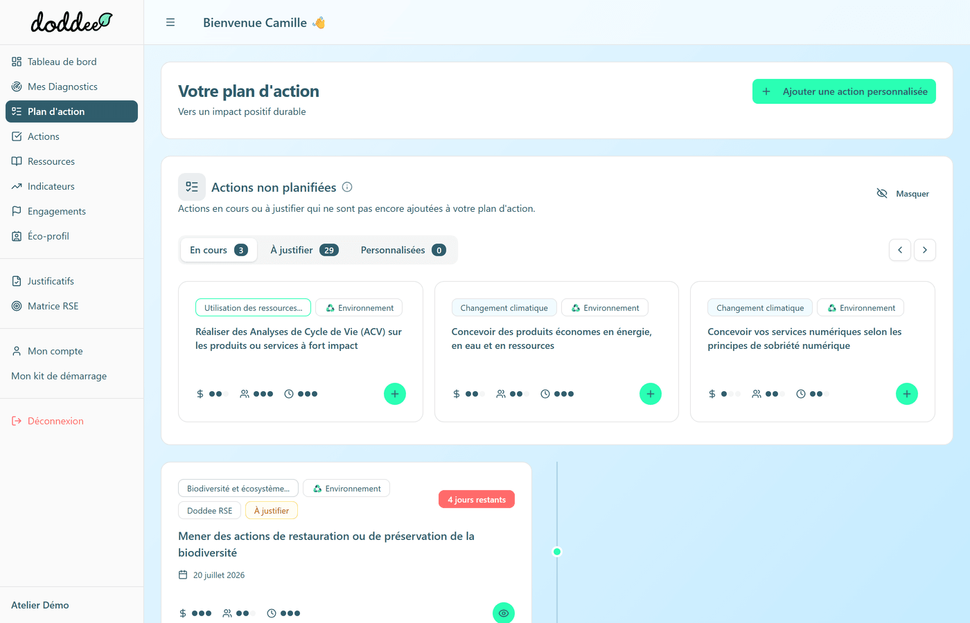 La page Votre plan d'action et sa frise chronologique.
